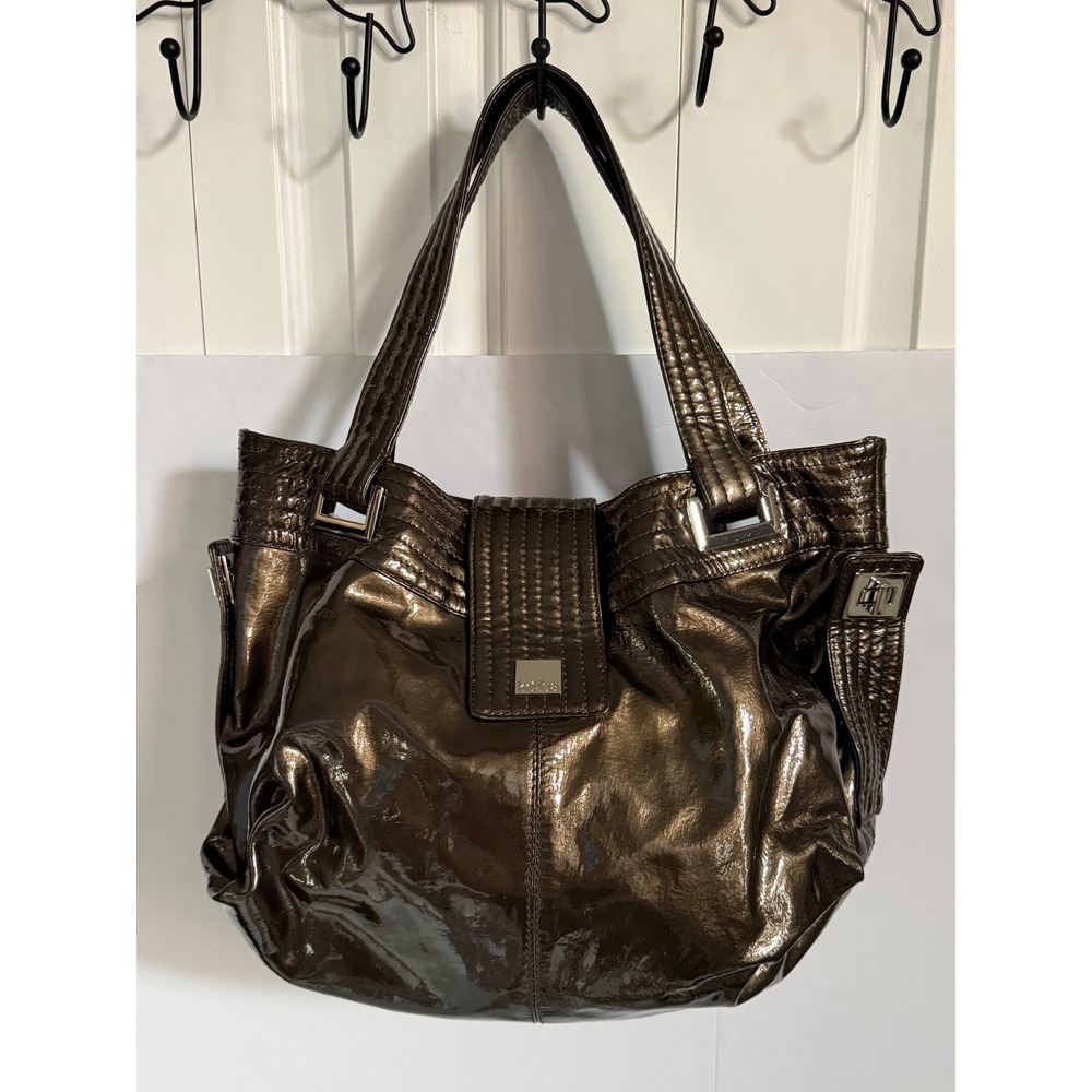 Kooba Metallic Bronze Patent Leather Shoulder Bag Tote Turn Lock Large Hobo